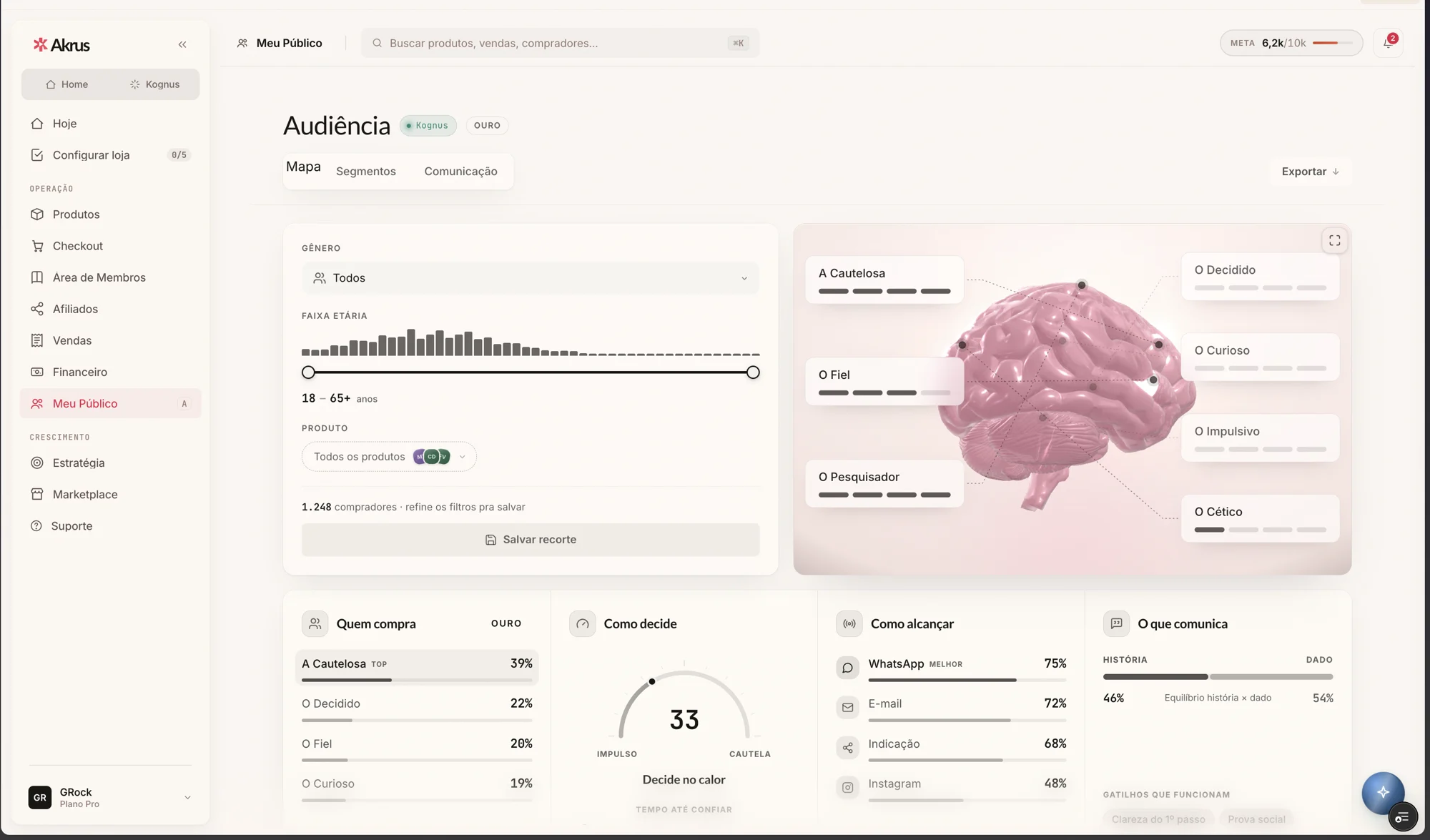 Kognus — audience map with buyer archetypes, age range, decision gauge and channel fit